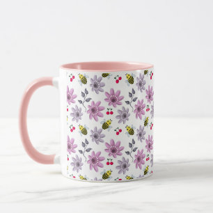 Caneca Padrão Floral de Abelha Fofa Estética Cottagecore
