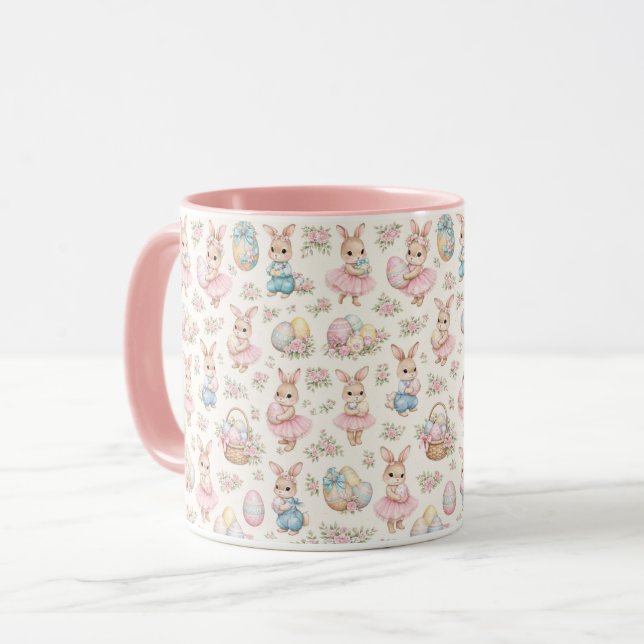 Caneca Padrão Floral de Coelhinho de Páscoa Fofo - Primav (Frente Esquerda)