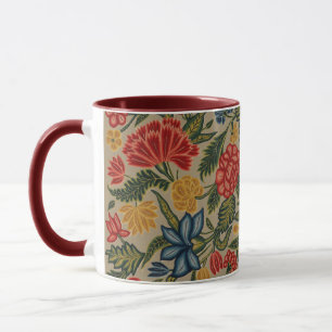 Caneca Padrão Floral de Crewel Vermelho e Dourado Vintage