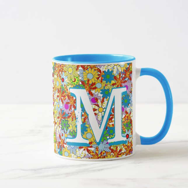 Caneca Padrão Floral de Monograma ou Nome Personalizado (Direita)