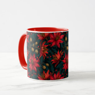 Caneca Padrão Floral de Natal Vermelho Escuro