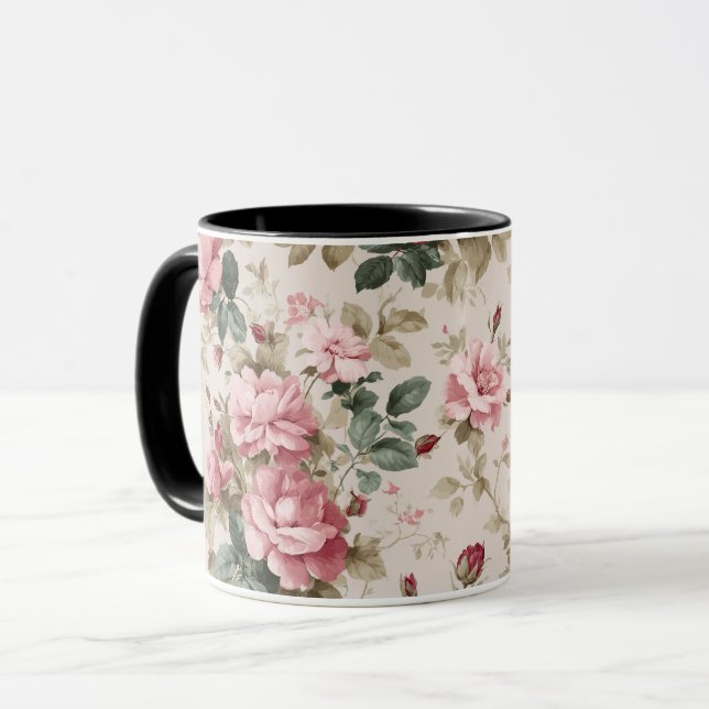 Caneca Padrão Floral de Rosa Clássica Rosa (Frente Esquerda)