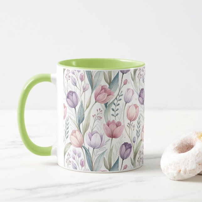 Caneca Padrão Floral de Tulipa Escandinava (Com Donut)