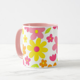 Caneca Padrão Floral de Verão Brilhante Rosa e Amarelo Re