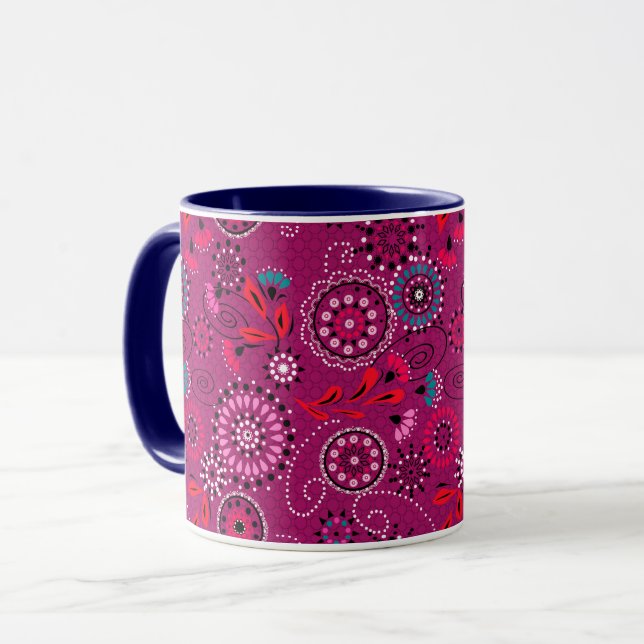 Caneca Padrão floral do abstrato étnico retro crimson (Frente Esquerda)