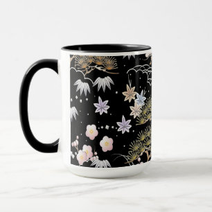 Caneca Padrão Floral do Flor do Flor de Cereja Preto e Ro