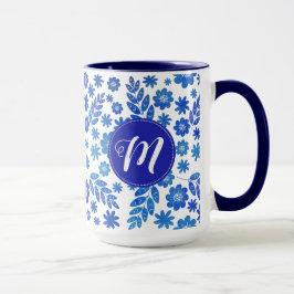 Caneca Padrão Floral e Monograma Desenhado à Mão Azul na 