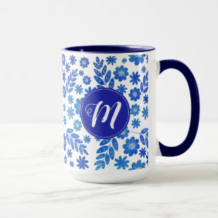 Caneca Padrão Floral e Monograma Desenhado à Mão Azul na