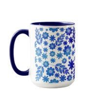 Padrão Floral e Monograma Desenhado à Mão Azul na