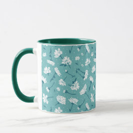 Caneca Padrão Floral Elegante - Botânica Branca e Teal