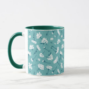 Caneca Padrão Floral Elegante - Botânica Branca e Teal