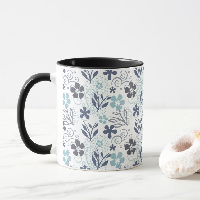 Caneca Padrão Floral em azul e cinza (Com Donut)