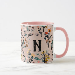 Caneca Padrão Floral Feminino inicial Elegante Cinza Rosa