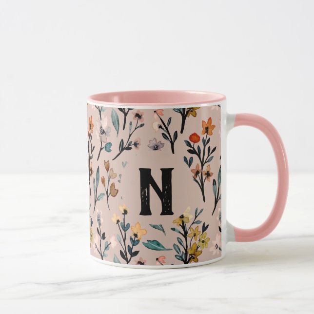 Caneca Padrão Floral Feminino inicial Elegante Cinza Rosa (Direita)