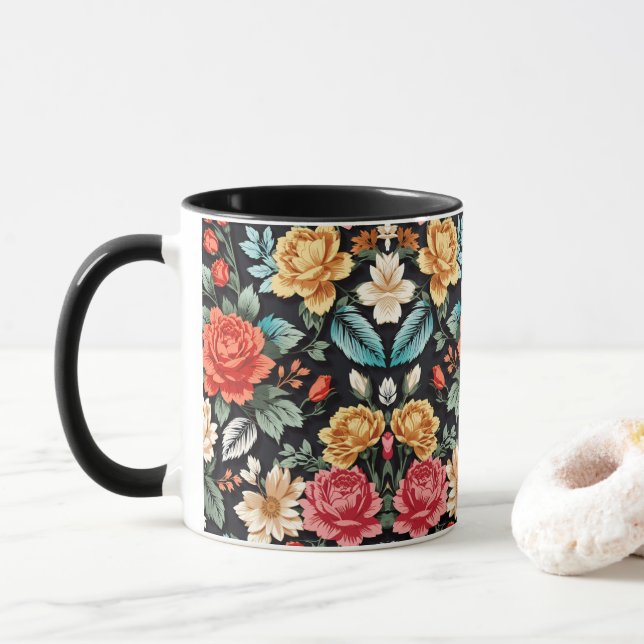 Caneca Padrão Floral Invisível Elegante e Tempo (Com Donut)