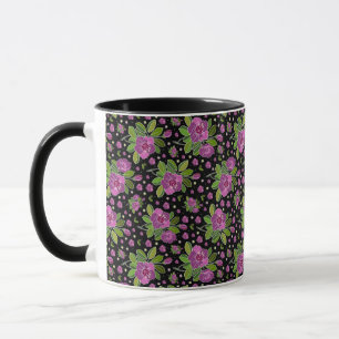 Caneca Padrão Floral Lilás Rosa Verde Preto