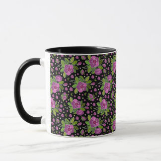 Caneca Padrão Floral Lilás Rosa Verde Preto