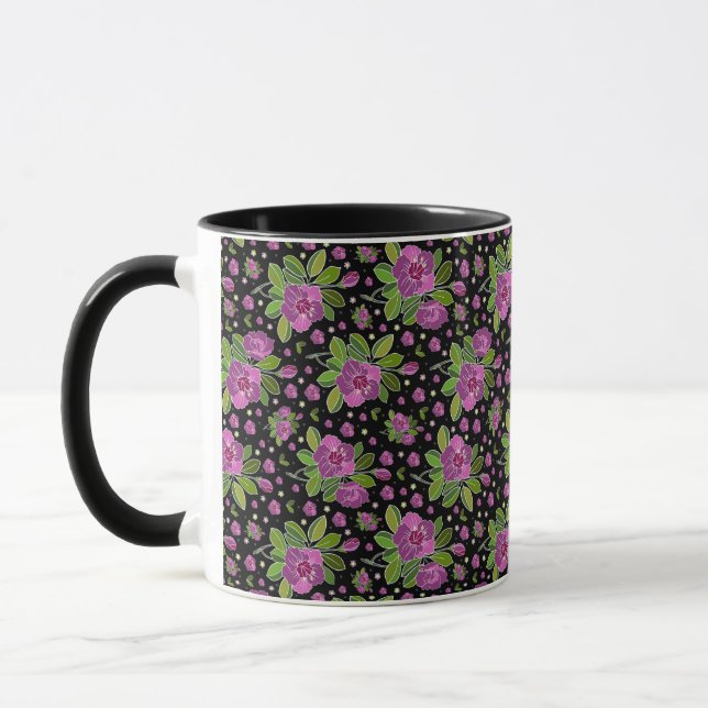 Caneca Padrão Floral Lilás Rosa Verde Preto (Esquerda)