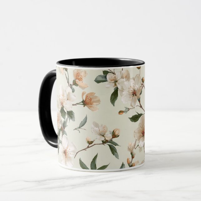 Caneca Padrão Floral Marfim de Flor de Pessegueiro Macio (Frente Esquerda)