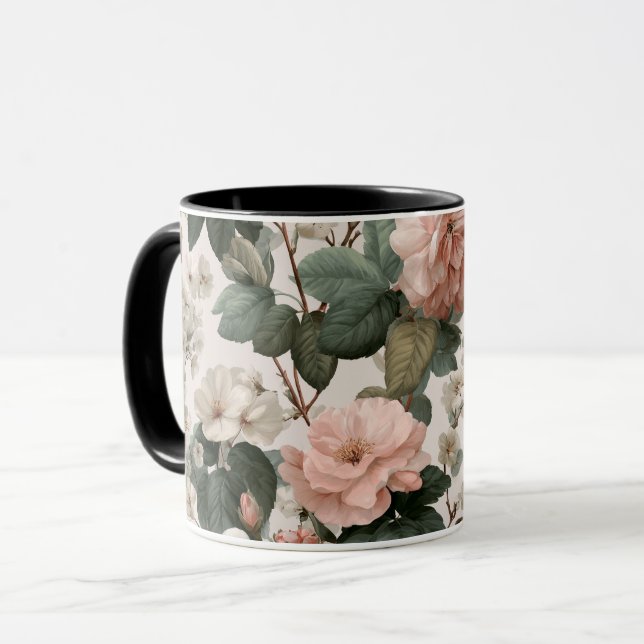 Caneca Padrão Floral Marfim Flor de Rosa Elegante (Frente Esquerda)