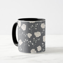 Caneca Padrão Floral Minimalista Cinza Rosa Branco Suave