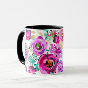 Caneca Padrão Floral Moderno Colorido Rosa Roxo Brilhante