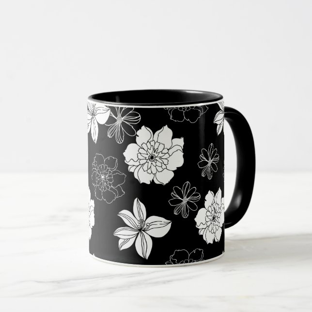 Caneca Padrão Floral Preto e Branco (Frente Esquerda)