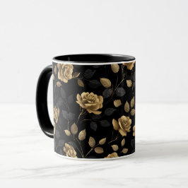 Caneca Padrão Floral Preto Rosa Acento Ouro Elegante