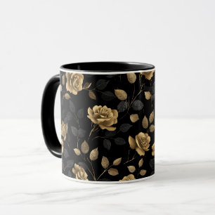 Caneca Padrão Floral Preto Rosa Acento Ouro Elegante