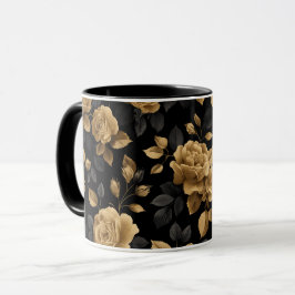 Caneca Padrão Floral Preto Rosa Acento Ouro Elegante