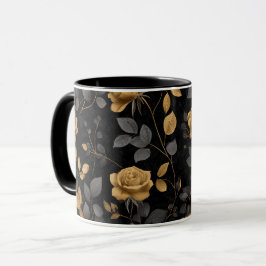 Caneca Padrão Floral Preto Rosa Acento Ouro Elegante