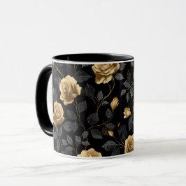 Caneca Padrão Floral Preto Rosa Acento Ouro Elegante
