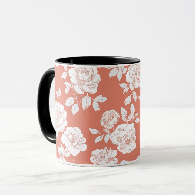 Caneca Padrão Floral Rosa Coral Moderno Branco (Frente Esquerda)