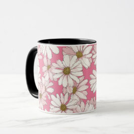 Caneca Padrão Floral Rosa Desenhado à Mão com Margaridas 