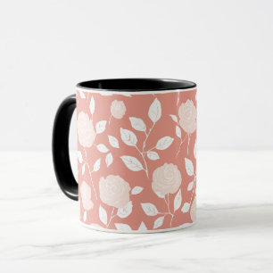 Caneca Padrão Floral Rosa Pastel Minimalista Branco