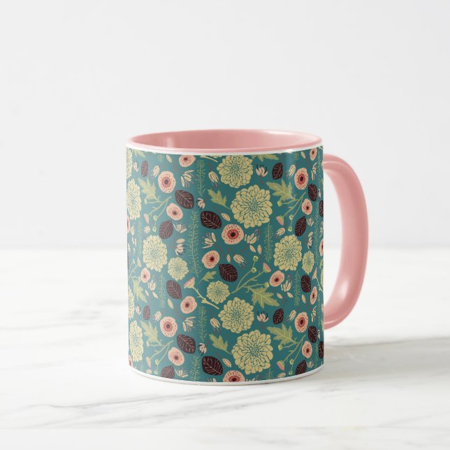 Caneca Padrão Floral Rosa Verde Elegante (Frente Esquerda)