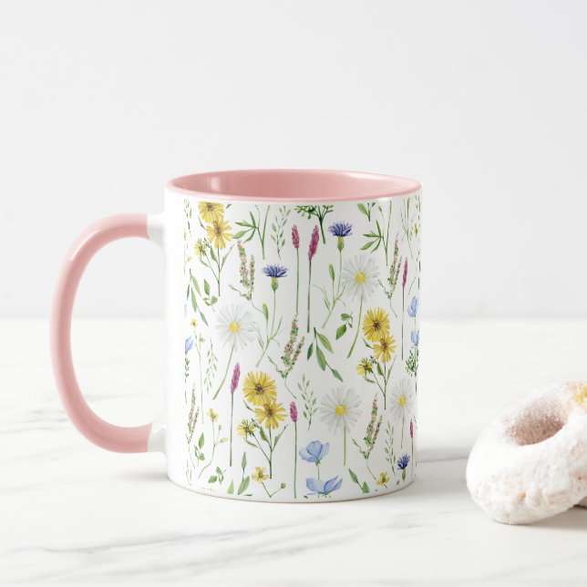 Caneca Padrão Floral Selvagem de Cores Aquáticas (Com Donut)