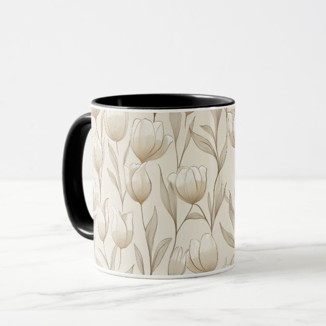 Caneca Padrão Floral Tulipa Neutra Moderna Marfim (Frente Esquerda)