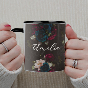 Caneca Padrão Floral turquesa vermelho elegante