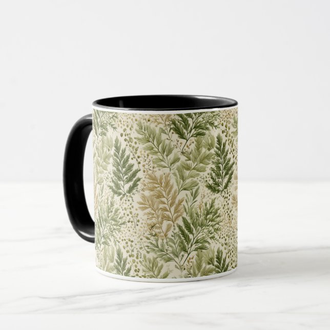 Caneca Padrão Floral Verde Bege Botânico Samambaia (Frente Esquerda)