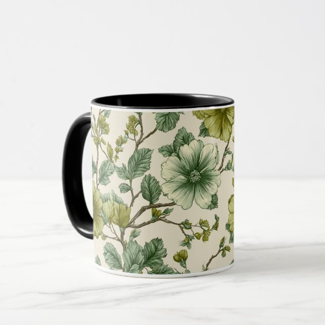 Caneca Padrão Floral Verde Botânico Creme (Frente Esquerda)