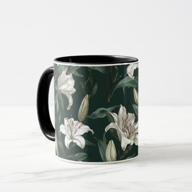 Caneca Padrão Floral Verde de Lírio Branco Clássico (Frente Esquerda)