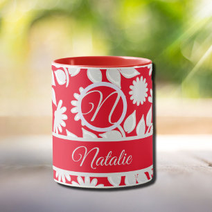 Caneca Padrão floral vermelho - monograma