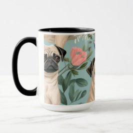Caneca Padrão Floral Vintage Pug Cachorro Botânico Fofo 