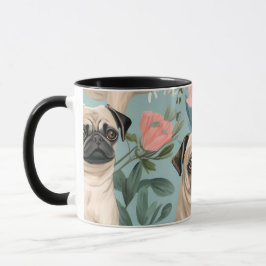 Caneca Padrão Floral Vintage Pug Cachorro Botânico Fofo 