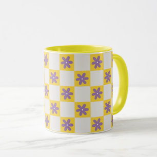 Caneca Padrão Floral Xadrez Amarelo – Margarida Roxa