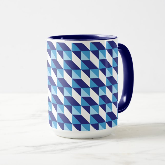 Caneca Padrão Geométrico Abstrato Retro Tons de Azul (Frente Esquerda)