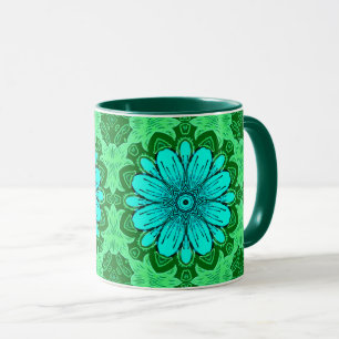 Caneca Padrão geométrico de margarida em Turquesa e Verde