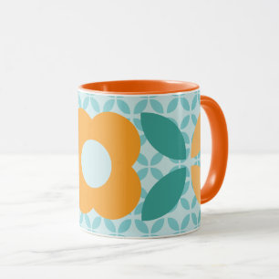 Caneca Padrão Geométrico Flor Retro Laranja Azul-claro