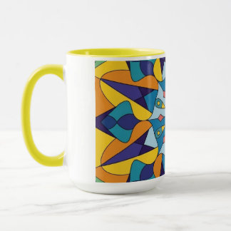 Caneca Padrão geométrico fractal azul e amarelo